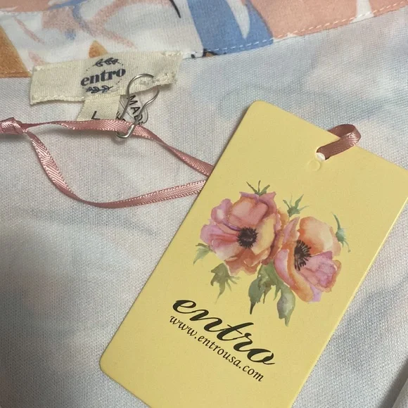 Entro Womens Large Floral Boho Preppy Pastel Long Sleeve Split Neck Tiered Dress - Picture 8 of 14